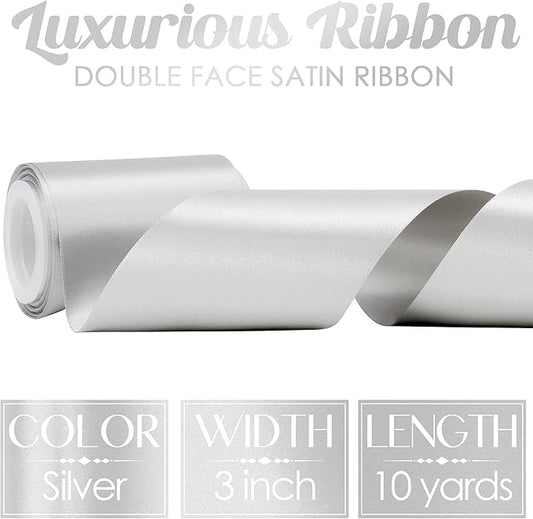 MEEDEE Silver Satin 3 Inch Ribbon Lux Double Faced Satin Ribbon Tree by 10 Yards Silver Silk Ribbons Roll Ribbons for for Crafts, Christmas Tree Decoration, Weddings