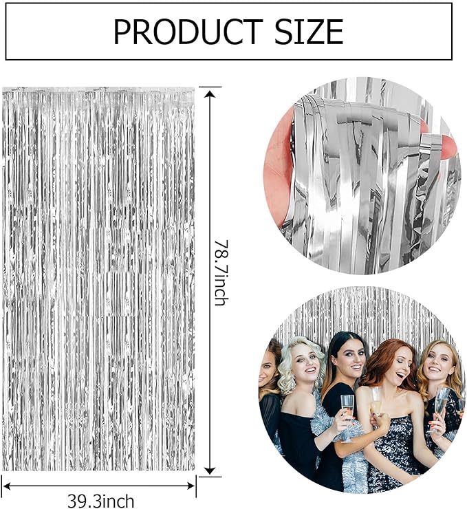 5 Pack Silver Backdrop Curtain Party Decorations Foil Fringe Backdrop Silver Tinsel Streamers Birthday Bachelorette New Year Christmas Wedding Baby Shower Disco Party Decorations
