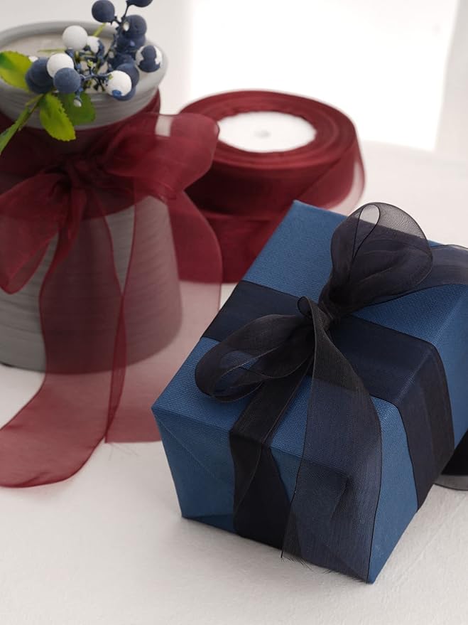 Black Organza Ribbon for Gift Wrapping, FAKILO 2 Inch Shimmer Sheer Wrapping Ribbon for Bouquet, Wedding, Christmas Gift - 50 Yards Each Roll