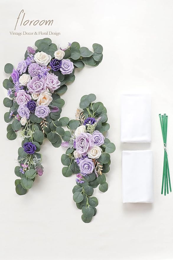 Floroom Arch Flowers with Drapes Kit (Pack of 4) - 2pcs Artificial Lilac Lavender Purple Floral Swag Arrangement with 2pcs Draping Fabric for Wedding Ceremony Arbor and Reception Backdrop Decoration