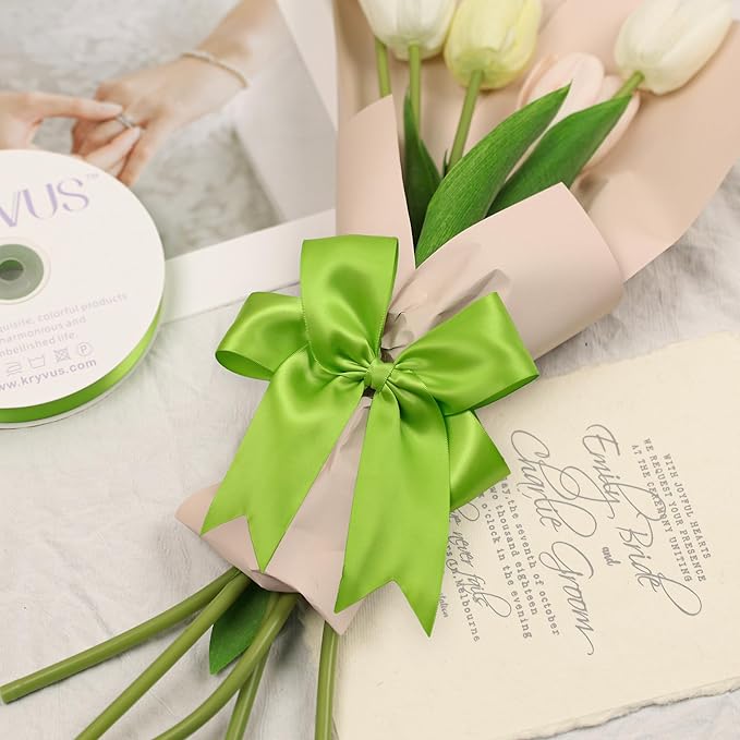 Apple Green Satin Ribbon, Double Faced 1-1/2 Inch X 50 Yards Apple Green Ribbon, Premium Satin Ribbon for Gift Wrapping, Crafts, Hair Bow Making, Sewing, Flower Bouquet, Wedding Party Decor