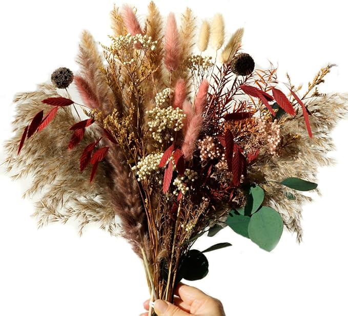 Natural Dried Pampas Grass Bouquet,17" Natural Dried Flower Bouquet,Pampas Grass Silver Dollar Leaf Decoration, Bohemian Style Family Wedding Country Farmhouse Decorated with Dried Flowers