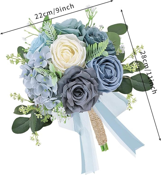 Set of 6 Bridesmaid Bouquets for Wedding - Artificial Bouquets for Bridesmaids Flowers Silk Floral Ceremony Anniversary Centerpieces Decorations - Dusty Blue and White,7 Inch