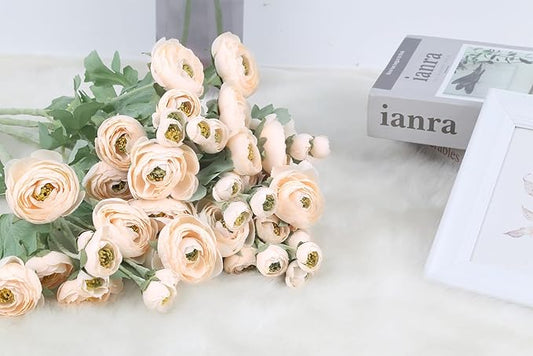 IPOPU 5pcs Fake Peonies Artificial Ranunculus Flowers 60Heads Champagne Silk Flowers 21.65" Artificial Flowers Bulk for Wedding Floral Arrangements Home Table Centerpieces Decor (Champagne)