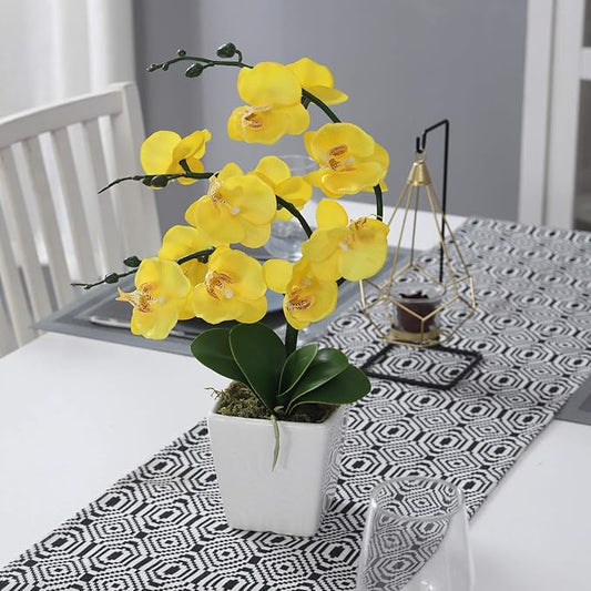 15" Tall Artificial Silk Phalaenopsis Orchid Flower Plant Pot Arrangements (Yellow)