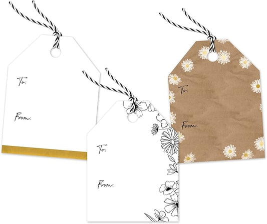 Pro Supply Global Spring Floral Theme Gift Tags - 2.5x3 Inch 24 Pack with 3 Design Styles Assorted Cardstock Prints Pre-Strung Hanging Labels Suitable for Wrapping Favors DIY Presents & Packaging Bags