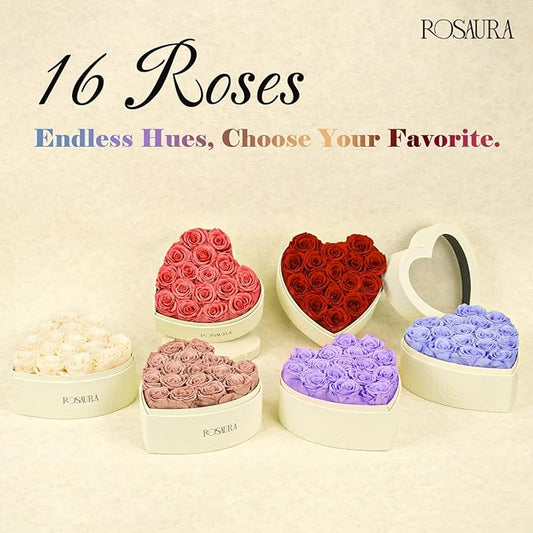 Rosaura Heart-Shaped Preserved Roses Gift Box - Real Forever Flowers for Birthday, Valentine's & Mother's Day (Light Purple, 16 Roses)