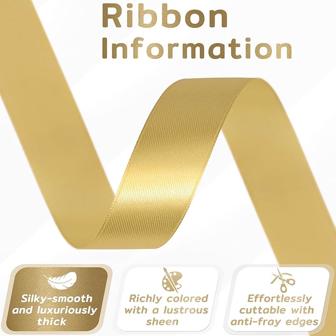 60 Yards Champagne Gold Satin Ribbon 7/8 Inch, Solid Polyester Fabric Ribbon for Gift Wrapping, Crafts, Flower Bouquet, Wedding, Festival, Christmas, Halloween