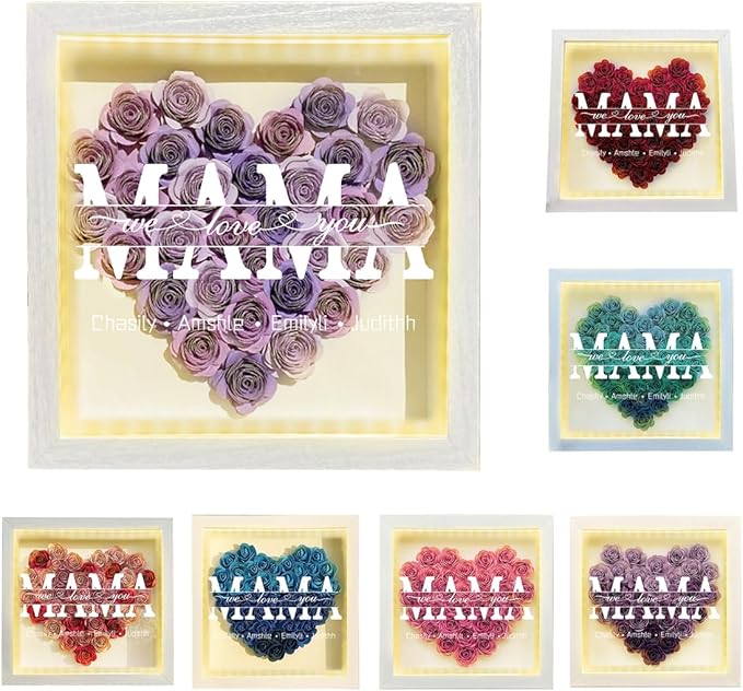 Personalized Mom Flower Shadow Box with LED Light Custom Heart Shaped Rose Flower Shadow Box Frame Mother's Day Rose Shadowbox Memory Gifts for Mom from Daughter Christmas Birthday,24