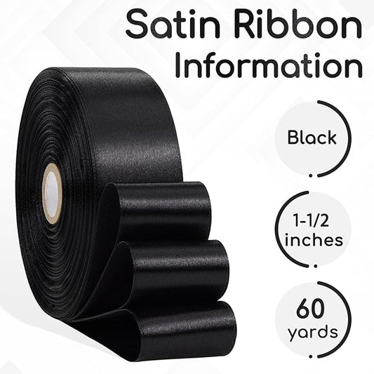 Black Ribbon 1-1/2 Inch x 60 Yards, Black Satin Ribbon for Crafts, Gift Wrapping, Flower Bouquet, Birthday, Wedding and Festival Decor
