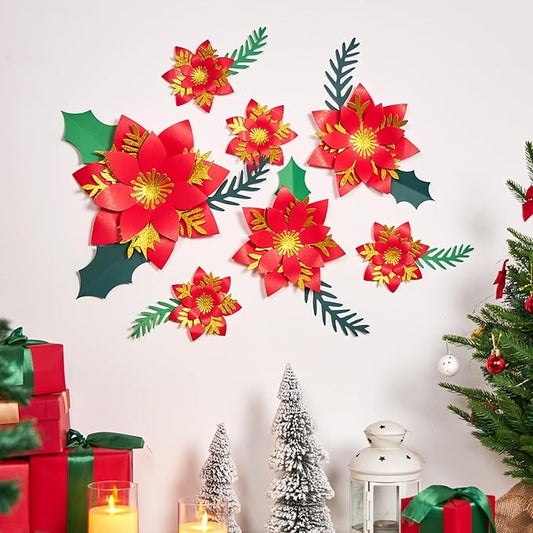 17PCS Christmas Paper Flower Wall Decoration Red Gold Poinsettia Large Flowers Artificial Christmas Flower Window Stickers Flower Window Wall Art Decals for Xmas Party, Living Room Door Xmas Tree