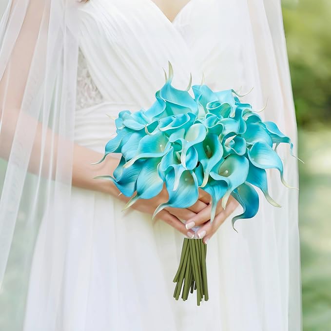 24 Pcs Artificial Calla Lily Flowers Fake Silk Flowers Real Touch for Wedding Bouquet Office Home Kitchen Decor (Peacock Blue)
