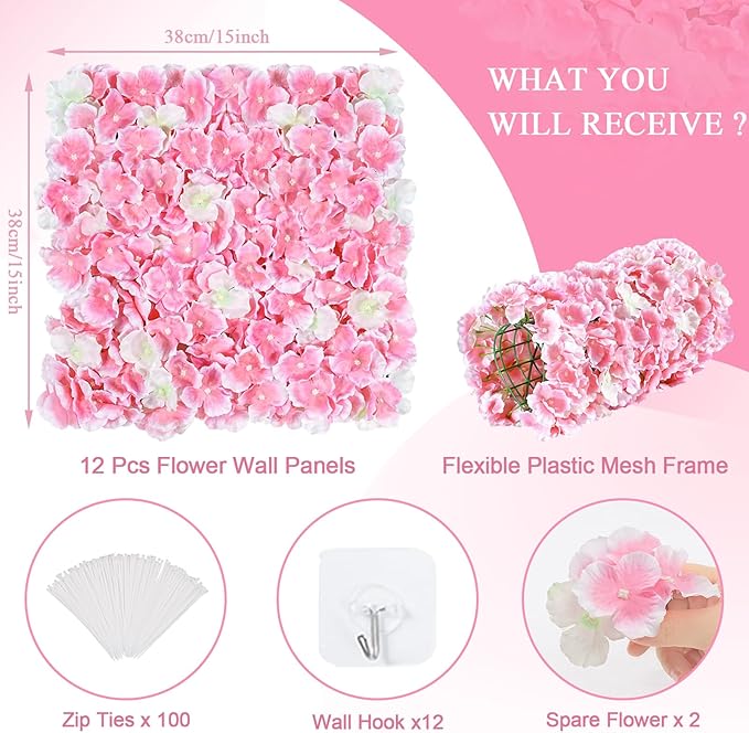 Flower Wall Panel Pink Backdrop: 12 Pcs 15 x 15 Inch 3D Silk Flower Wall Backdrop Artificial Hydrangea Floral Backdrop for Christmas Wedding Party Birthday Decoration (3.75ft by 5ft)