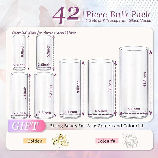 42pcs Glass Vase Cylinder Vases for Centerpieces 7 Vases of Different Sizes Small Flower Glass Clear Vases Home Decor Centerpiece Table Flower Vase Decorations for Wedding Decoration&Holiday