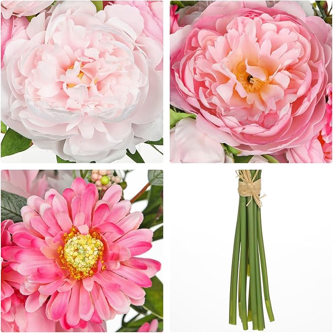 10PCS Hot Pink Flowers Artificial Peonies Silk Flowers with Stems Realistic Faux Peony and Daisies Fake Flowers for Vase Floral Centerpiece Arrangements Wedding DIY Bridal Bouquet Party Home Decor