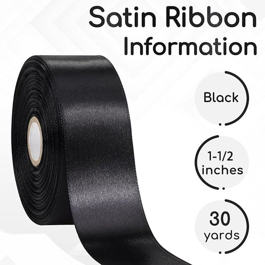 Black Satin Ribbon 1-1/2 Inch 30 Yards, Black Ribbon for Gift Wrapping, Flower Bouquet, Crafts, Halloween, Christmas, Wedding and Bow Making