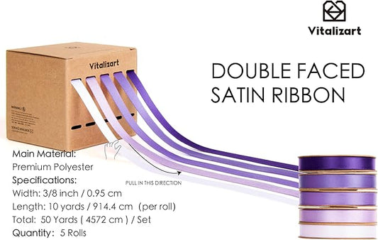 Vitalizart Purple Ribbons for Crafts 3/8" x 50 Yd Lavender Satin Ribbon Double Face Gift Wrapping Silk Like Fabric Flower Bouquet Birthday Party Decorations Bridal Shower Wreath Hair Continuous