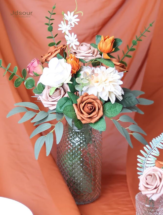 50pcs Artificial Flower,Real Touch Foam Roses w/Stem DIY for Wedding Bouquet Centerpieces Party Shower Home Decor-Burnt Orange Taupe