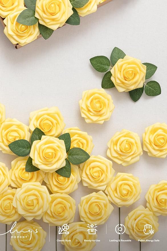 Ling’s Moment Artificial Flowers 25Pcs French Yellow Roses Decor w/Stems,3" Real Touch DIY Foam Floral for Wedding Bouquet/Centerpieces, Outdoors Party Backdrop, Room/Table, and Garden/Pot Decorations