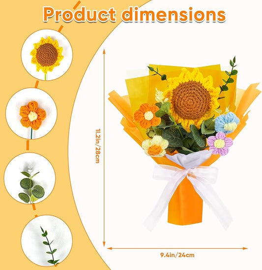 Crochet Flowers Bouquet, Handmade Crochet Sunflower No Maintenance Flower Bouquet for Teacher's Day Mother's Day, Birthday, Wedding, Home Decor(Medium-Orange Sunflower)
