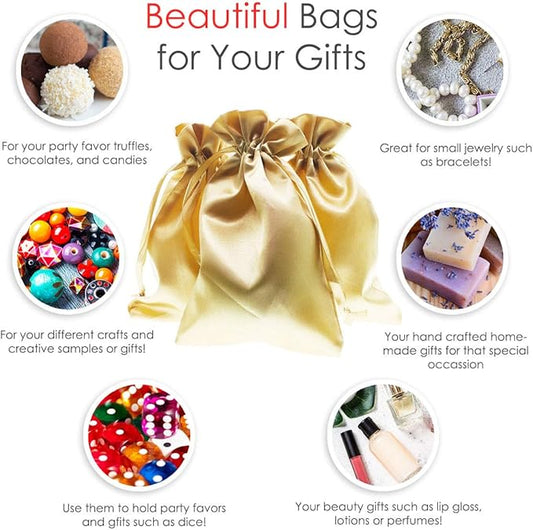 3" x 4" Gold Satin Gift Bags, Jewelry Bags, Wedding Favor Silky Drawstring Baby Shower Christmas 50 per Pack