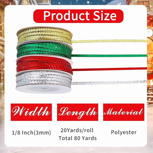 TONIFUL 4 Rolls Thin Ribbon - 3mm*20 Yards - Christmas Ribbon Set for Gift Wrapping, Tree & Wreath Decor, Balloon Sting, Bows Making, Treat Bags Decor, Crafts(Red, Green, Gold, Silver)