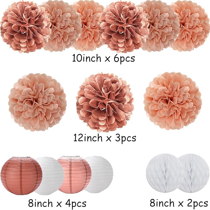 Rose Gold Paper Flowers Tissue Pom Poms Honeycomb Lanterns 15pcs Party Decorations Galentines Birthday Wedding Baby Shower Mothers Day Hanging Supplies Mprocherify