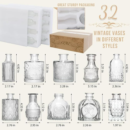 Arme Glass Bud Vase Set of 32 Pcs,Small Glass Vases for Flowers,Clear Bud Vases in Bulk,Vintage Vases for Centerpieces,Small Glass Bud Vase for Rustic Wedding Decorations,Home Table Flower Décor