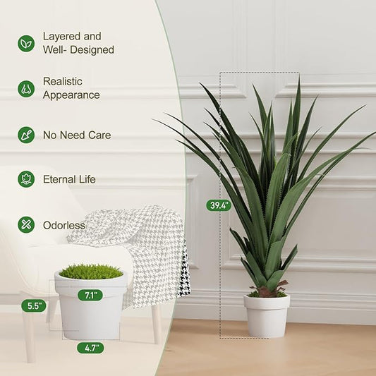 39.4 Inch Artificial Agave Plant, Realistic Faux Spiked Agave Tree with Lifelike Leaves and Moss in White Pot, Indoor Outdoor Floor Plant for Home Office Patio Porch Decor(1pack-3.2ft
