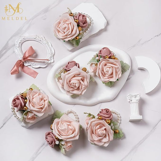 Meldel Dusty Pink Wrist Corsage,Set of 6, Homecoming Wrist Flower Girl/Mother Corsages Wristlet Perfect for Bride Bridesmaids Wedding Guests Hand Flower, Proms, Party, Ceremony Anniversary
