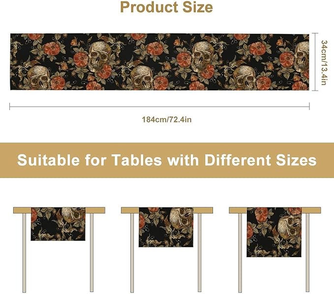 Gothic Table Runner,Vintage Skull Red Floral Pattern Table Runner for Home Kitchen Table Dining Garden Farmhouse Wedding Party Decor 13x36 Inch
