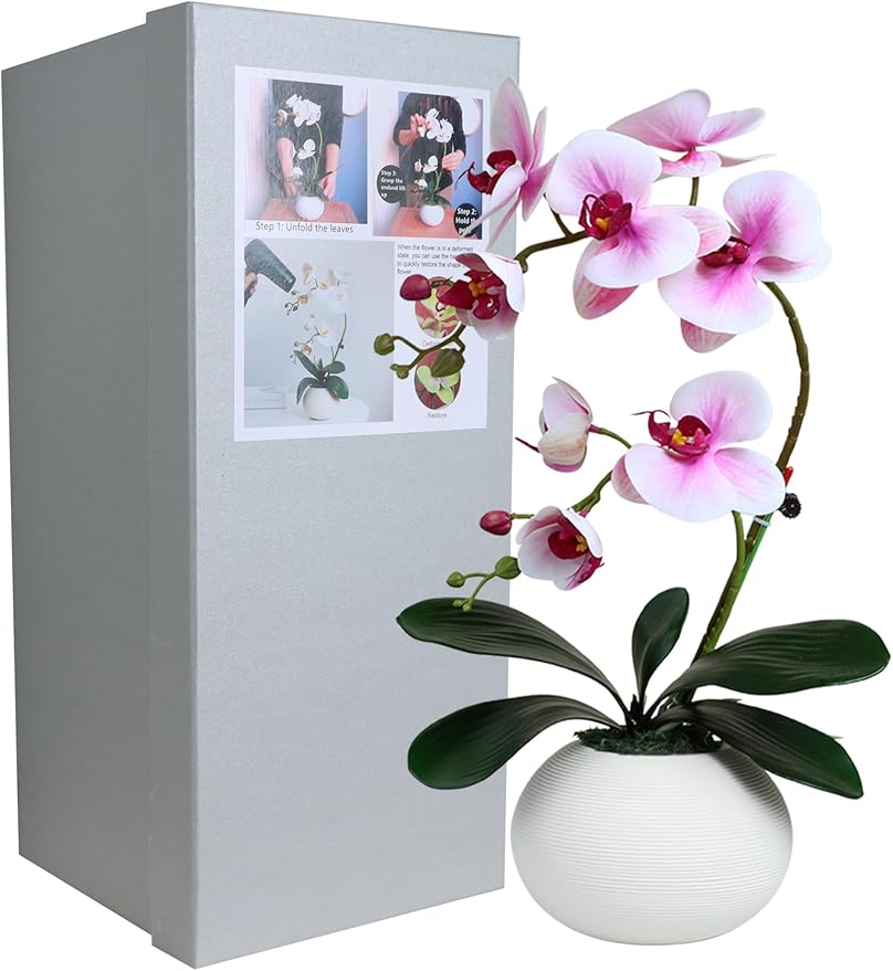 Forlaoers 17" Tall Purple Phalaenopsis Orchid Artificial Flowers Included Vase Faux Plant Potted for Indoor Home Decor Office Bathroom Wedding Decoration Table Centerpiece Arrangements Ornaments