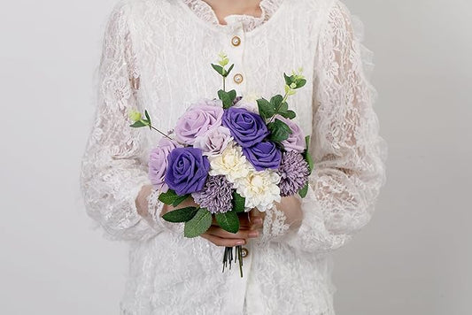 SITUMEIZI Roses Artificial Flowers Combo Purple Flowers Silk Foam Flowers with Stems for DIY Bridal Wedding Bouquet Baby Shower Party Home Decor Floral Arrangements 23pcs