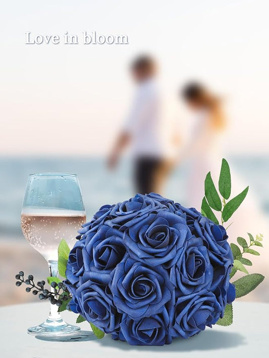 MACTING Artificial Flower Roses 60PCS Real Touch Fake Flowers with Stem Foam Roses for DIY Wedding Bouquet Table Centerpieces Party Holiday Home Indoor Spring Valentines Day Decorations,Navy Blue