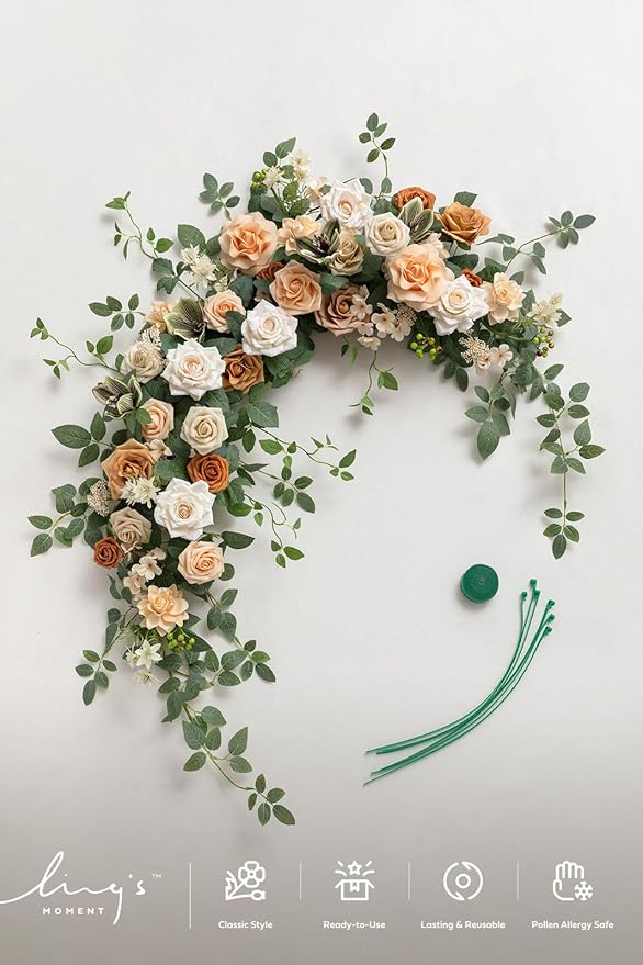 Ling's moment Wedding Arch Flowers - 6.5FT Floral Garland for Ceremony Arbor Backdrop Decoration - Artificial Rose Floral Swag for Sweetheart Table Birthday Party, Baby Shower, Cream Orange