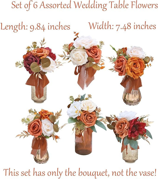 Marriwise Set of 6 Assorted Wedding Flower Centerpieces Pre-Made Mini Bridesmaid Bouquets Artificial Flower Terracotta Table Decor for Fall Wedding Decorations Shower Home Decor