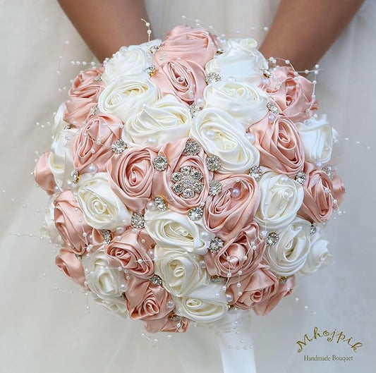 Bridal Wedding Bouquet Round Bling Brooch Bouquet Throw Toss Artificial Rose Flower Bunch for Bride Bridesmaid Wedding Quinceanera(Peach Pink & Ivory, 7.5")