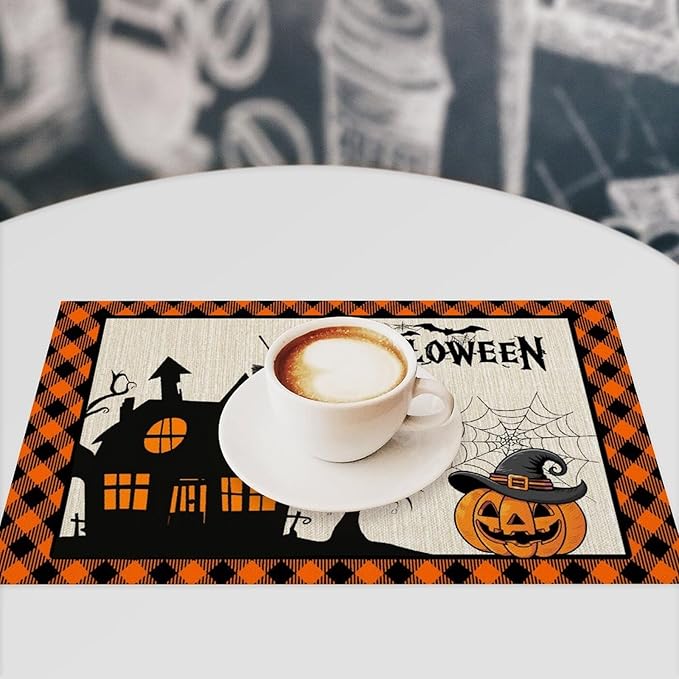 Halloween Placemats Cartoon Retro Funny Horror Castle Spider Web Magic Witch Pumpkin Bat Pumpkin Placemats Table Kitchen Dining Party 12x18 Inch Set of 4