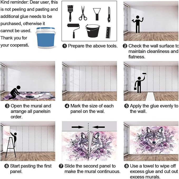 Wolf with Floral Watercolor Wall Mural, Purple Wolf Watercolor Art 3D Wall Murals, Art Flower Painting Wallpaper Mural, for Living Room Bedroom Large Wallpaper Indoor Decor 177.16" W x120 H