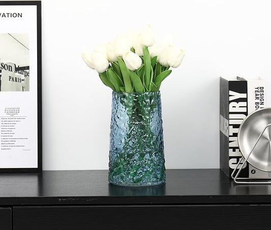 Blue Glass Vase, Flower Vases for Bouquet, Modern Glass Vase for Flowers, Large Vases for Living Room, Bedroom, Kitchen, Office, Wedding, Dining Table, 8 Inches