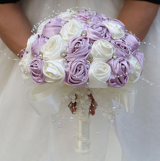 Bridal Wedding Bouquet Round Bling Brooch Bouquet Throw Toss Artificial Rose Flower Bunch for Bride Bridesmaid Wedding Quinceanera(Light Taro Purple & Ivory, 9.8")