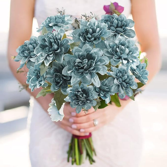 Uieke 6PCS Artificial Daisy Mums Flowers with Stem, Silk Dahlia Flowers Arrangement for Home Party Wedding Bouquet Fall Winter Table Centerpieces Decor (Blue)