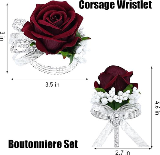 2Pcs Burgundy Rose Corsage and Boutonniere Set, Artificial Wrist Corsage Wristlet Bracelets, Men Boutonniere for Wedding Party Formal Dinner Flowers Accessories Prom Decorations