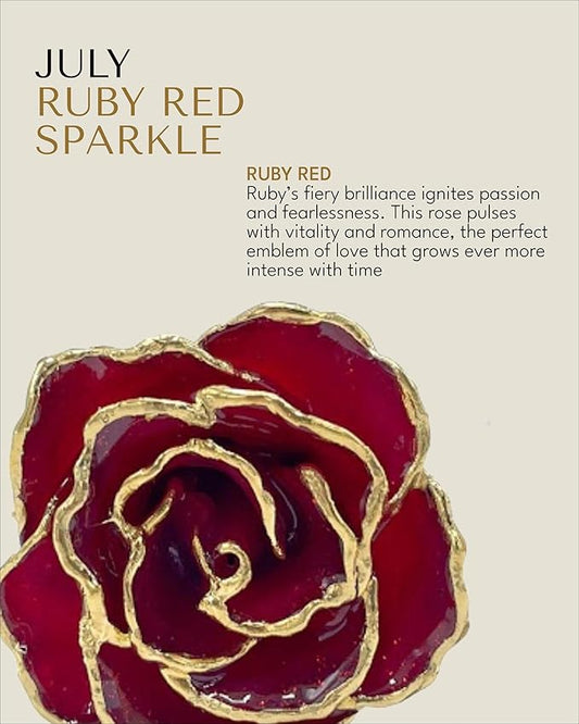 Forever Rose Hand-Dipped in 24K Gold, Ruby Red-Inspired July Birthstone with Sparkles, Real Rose in Leather Case with LED Light – Perfect Ready to Gift for July Birthday or Any Occasion