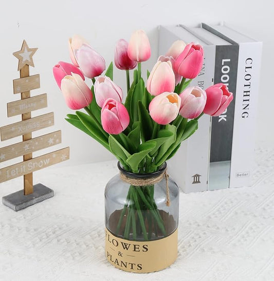 IPOPU Tulips Artificial Flowers 24pcs Multi Pink Flowers Artificial for Decoration Fake Tulips Fake Pink Flowers Floral Arrangements Faux Tulips for Table Home Wedding Centerpieces Decor (Multi Pink)