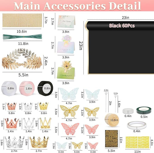 260Pcs Flower Bouquet Wrapping Paper Kit, 60 Sheets Black Waterproof Paper, 36 Butterflies, 8 Crowns, 1 Headband, 4 Ribbons, 15 Cards, 100 Diamond Pins, 30 Floral Wire, 3 Stickers, 3 Tapes (Black)