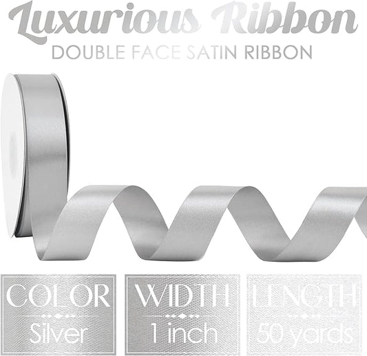 MEEDEE Silver Ribbon 1 Inch Silver Satin Ribbon Lux Double Faced Satin Ribbons by 50 Yards Polyester Wrapping Ribbons for Crafts, Weddings, Flower Bouquet, Holiday Decorating