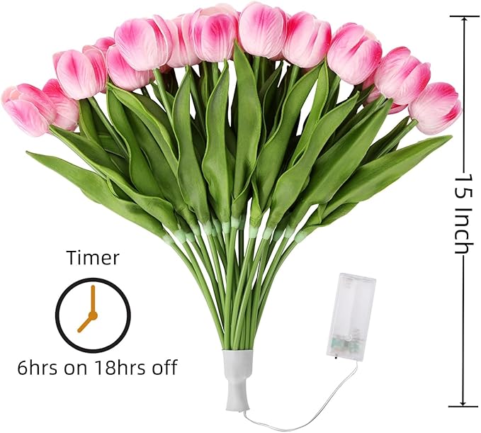 LED Lighted Artificial Tulip Lamp, Real Touch Tulip Flowers, 15 Inch Faux Tulip Bouquet with Battery Operated Lights for Gifts, Home Kitchedn Wedding Decor(Hot Pink)