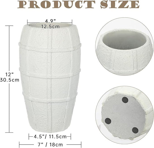 Briful Rustic Terracotta Flower Vase for Home Decor 12" White Farmhouse Textured Barrel-Style Ceramic Vase Vintage Handcrafted Gridded Design for Faux & Dried Flowers Living Room Table Centerpiece