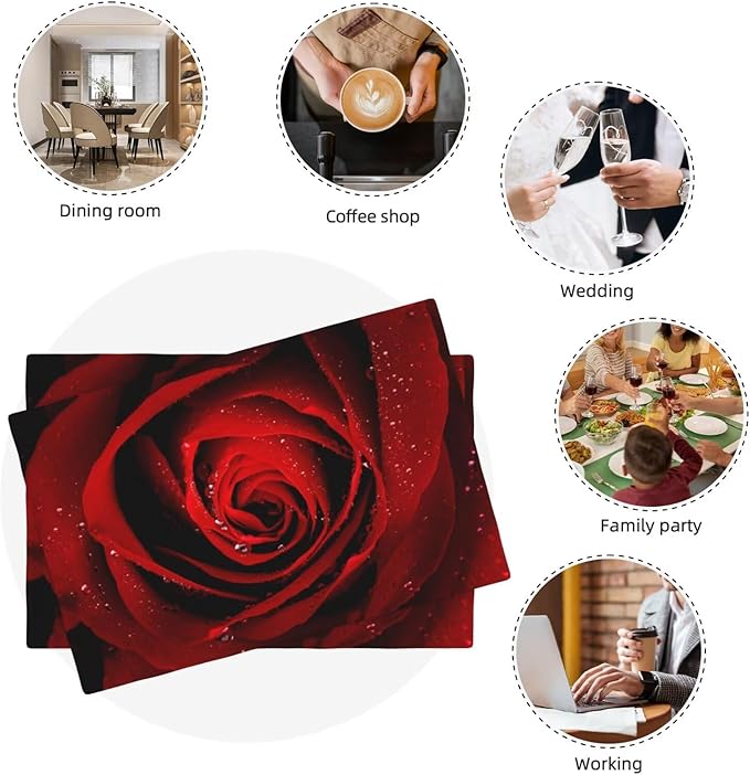 Red Rose Linen Table Placemats Set of 4 Romantic Floral Art Placemat Indoor Outdoor Party Home Desktop Kitchen Dining Room Decoration 12x18 Inch